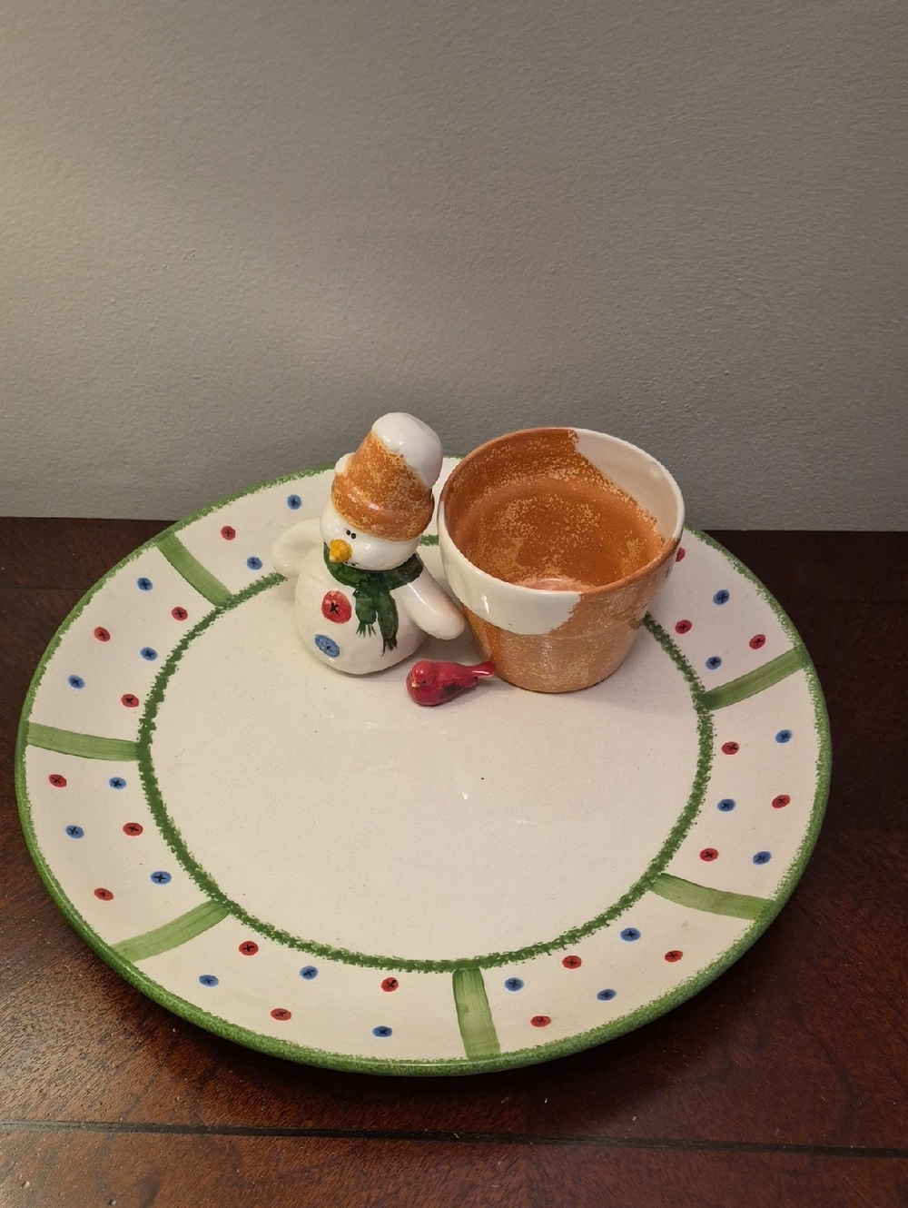 Cali Potrery Festive Snowman Plate and Orange Cup Set - Holiday Table